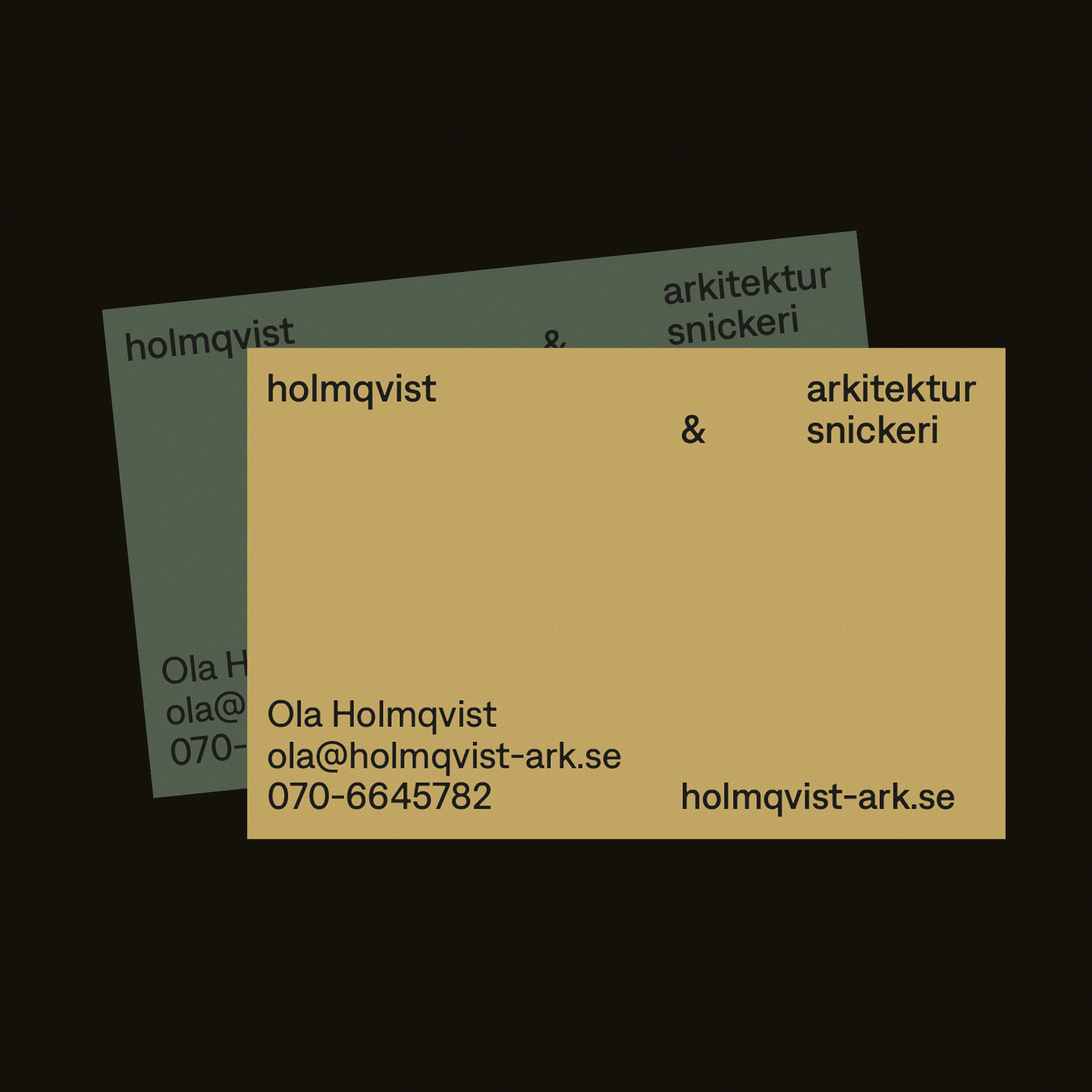 Two stacked business cards for architect and furniture carpenter Ola Holmqvist